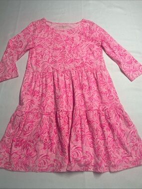 Lilly Pulitzer Girls' Pink Floral Tiered Dress. Size L (8-10). Preowned.